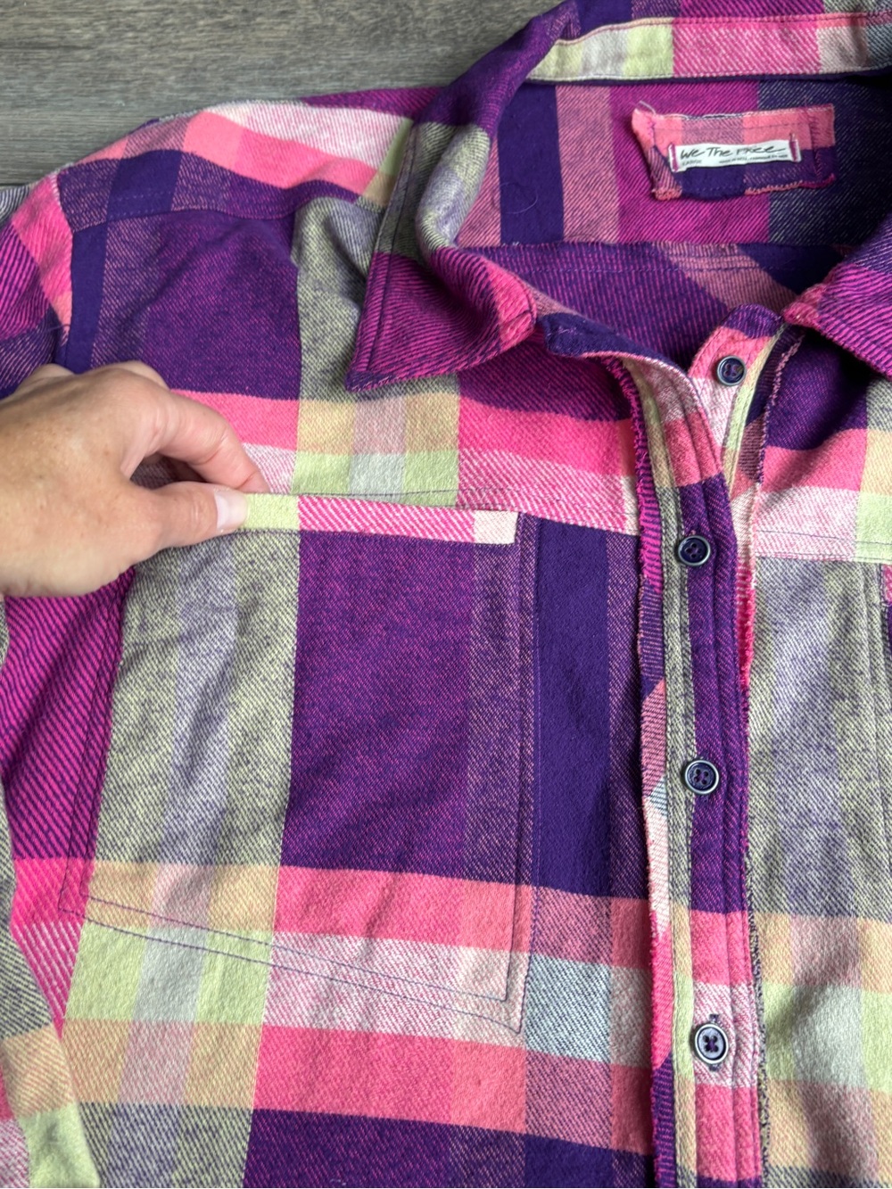 We The Free People Oversized Flannel Plaid Shirt Shacket Purple Pink Large - Picture 3 of 11